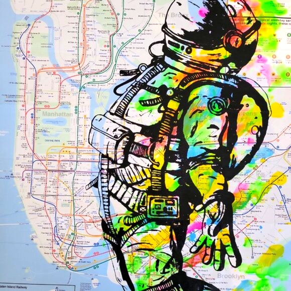 Handpainted Astronaut Acrylic Graffiti Art Spaceman artwork on a NYC Subway Map - Picture 7 of 9